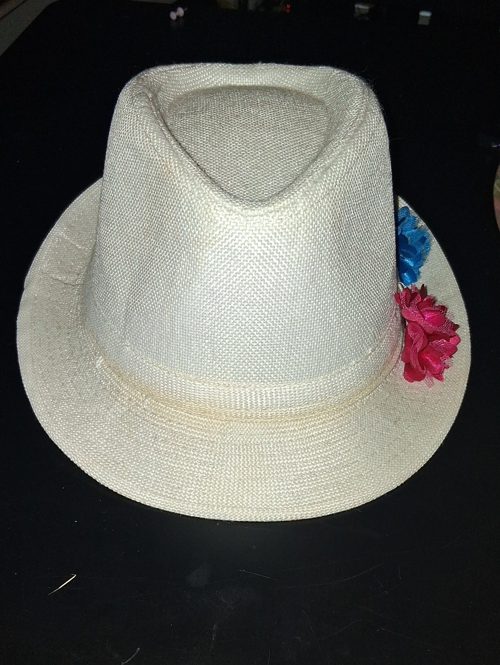 Women's Cream Straw Fedora Hat with Pink & Blue Flower Trim